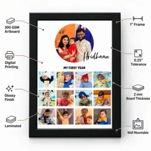 Personalized baby first-year photo frame with feature callouts for 300 GSM artboard, digital printing, glossy finish, lamination, 1-inch frame, 2 mm board, and wall mounting.