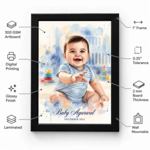 Personalized baby photo frame with callouts for 300 GSM artboard, digital printing, glossy finish, lamination, 1-inch frame, 2 mm board thickness, and wall mounting.