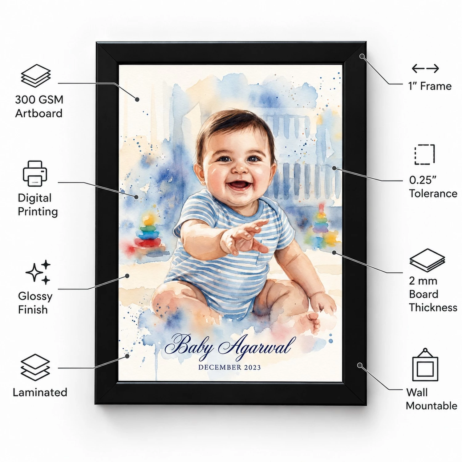 Personalized baby photo frame with callouts for 300 GSM artboard, digital printing, glossy finish, lamination, 1-inch frame, 2 mm board thickness, and wall mounting.