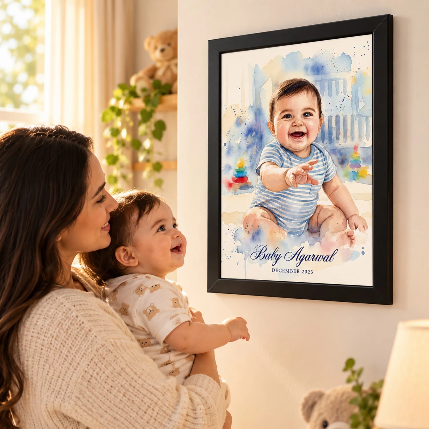 Mother holding a baby while looking at a wall-mounted personalized watercolor baby photo frame with custom name and date.