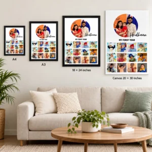 Personalized baby first-year collage displayed on a living room wall in A4, A3, 18 x 24 inch frame, and 20 x 30 inch canvas size examples.