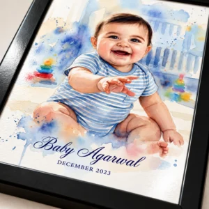 Close-up of personalized baby watercolor artwork with glossy printed surface, custom Baby Agarwal name, and December 2023 date.