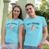 Couple wearing matching boyfriend and girlfriend T-shirts with personalized EST year design in a minimal style
