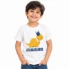 Smiling young boy wearing a white personalized kids T-shirt featuring a yellow cartoon dinosaur with a navy blue crown and the name AYAANASAURUS in bold blue lettering.