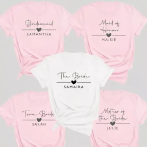 Personalized bride squad matching t shirts with names for bride bridesmaid maid of honour and team bride bachelorette party shirts for women