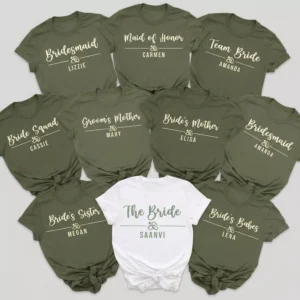 Personalized bride squad wedding party T-shirts with custom names for bride bridesmaid maid of honor and team bride matching bridal party shirts
