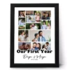 Personalized couple first anniversary photo collage frame with custom names and date printed in black wooden frame