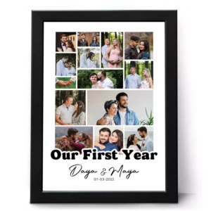 Personalized couple first anniversary photo collage frame with custom names and date printed in black wooden frame