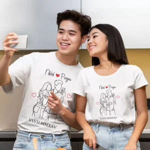 Couple wearing matching personalized T-shirts with custom names and date featuring minimal line art design while taking a selfie together