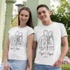 Couple wearing personalized white T-shirts with minimal line art illustration and custom names with date printed on them