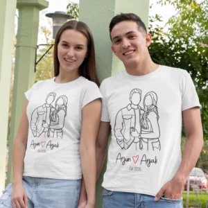 Couple wearing personalized white T-shirts with minimal line art illustration and custom names with date printed on them