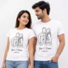A smiling couple wearing matching white personalized T-shirts with custom couple line art, names, heart design, and wedding date printed on the front.