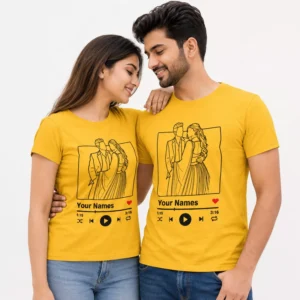 Personalised Couple T-Shirts with Line Art Photo & Names | Matching Set of 2