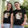 Couple wearing black personalized t-shirts with minimal illustration design and custom names printed on front