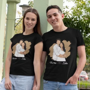 Couple wearing black personalized t-shirts with minimal illustration design and custom names printed on front