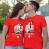 Couple wearing red personalized T-shirts with custom names and music player design in a romantic pose outdoors