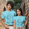 Couple wearing matching personalized T-shirts with minimal line art illustration and custom names Aryan and Riya