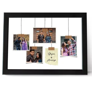 Personalized couple photo frame with 4 hanging pictures and custom name print, romantic anniversary gift for husband and wife in India