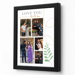 Angled view of a black personalized couple photo frame with five-photo Love You collage and botanical decoration.