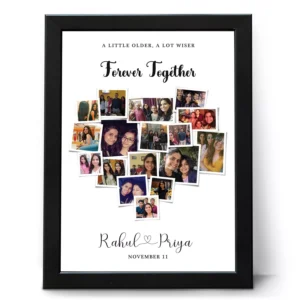 Personalized couple photo frame collage with custom names and date, heart shaped anniversary gift for wedding or Valentine’s Day in India