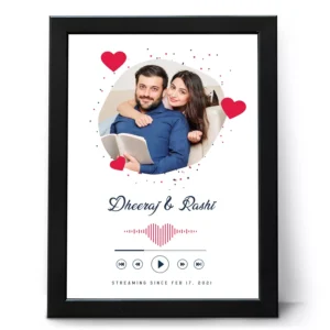 Personalized couple photo frame with Spotify style soundwave, custom names and anniversary date printed in black wooden frame
