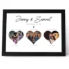 Personalized couple photo frame with names and three heart-shaped timeline photos for anniversary or wedding gift