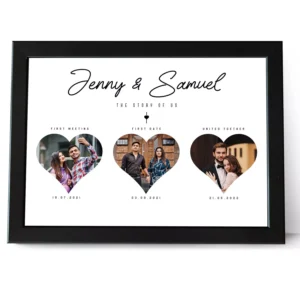 Personalized couple photo frame with names and three heart-shaped timeline photos for anniversary or wedding gift