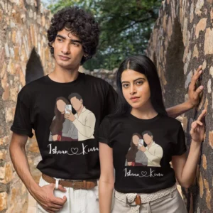 Couple wearing black personalized T-shirts with illustrated selfie design and custom names printed below