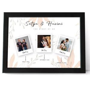 Personalized couple timeline photo frame with names dates and three photos ideal anniversary and wedding gift for husband and wife in India