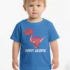 Blue cotton kids T-shirt with cartoon dinosaur and custom name print