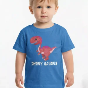Blue cotton kids T-shirt with cartoon dinosaur and custom name print