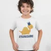 Child wearing personalized dinosaur name cotton T shirt with crown design