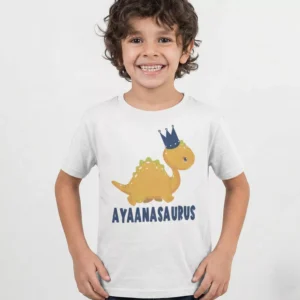 Child wearing personalized dinosaur name cotton T shirt with crown design