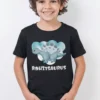 Black cotton kids T shirt with cute blue dinosaur illustration and personalized name print Rohitsaurus