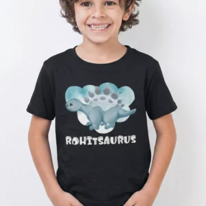 Black cotton kids T shirt with cute blue dinosaur illustration and personalized name print Rohitsaurus