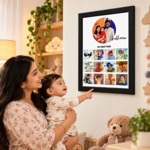 Mother holding a baby beside a personalized first birthday photo frame on a nursery wall featuring the child’s name and 12 first-year photos.
