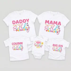 Personalized first birthday family matching t shirts set with birthday princess baby bodysuit and mommy daddy birthday shirts for girl birthday party