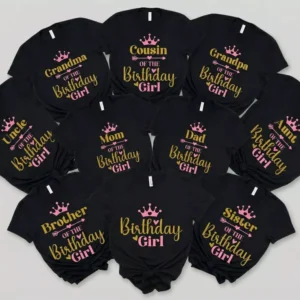 Personalized first birthday girl family matching T shirts for mom dad aunt uncle grandma grandpa brother sister cousin birthday party outfit set.