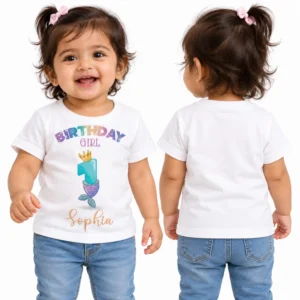 Front and back views of an Indian toddler girl wearing a white personalized 1st birthday T-shirt, showing the Sophia mermaid birthday print on the front and a plain white back.