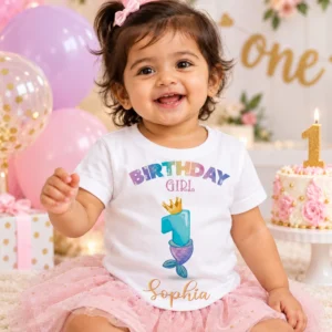 Smiling Indian toddler girl wearing a white personalized Sophia first birthday mermaid T-shirt and pink tutu skirt beside pastel balloons and a birthday cake with a number 1 candle.