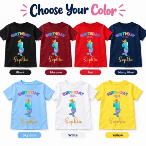 Personalized 1st birthday girl T-shirts in Black, Maroon, Red, Navy Blue, Sky Blue, White, and Yellow, each featuring the Sophia mermaid birthday design.