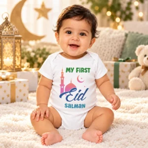 Baby wearing a personalized First Eid romper with the name Salman in a warm celebration setting with crescent decor, lantern, gifts, and teddy bear.