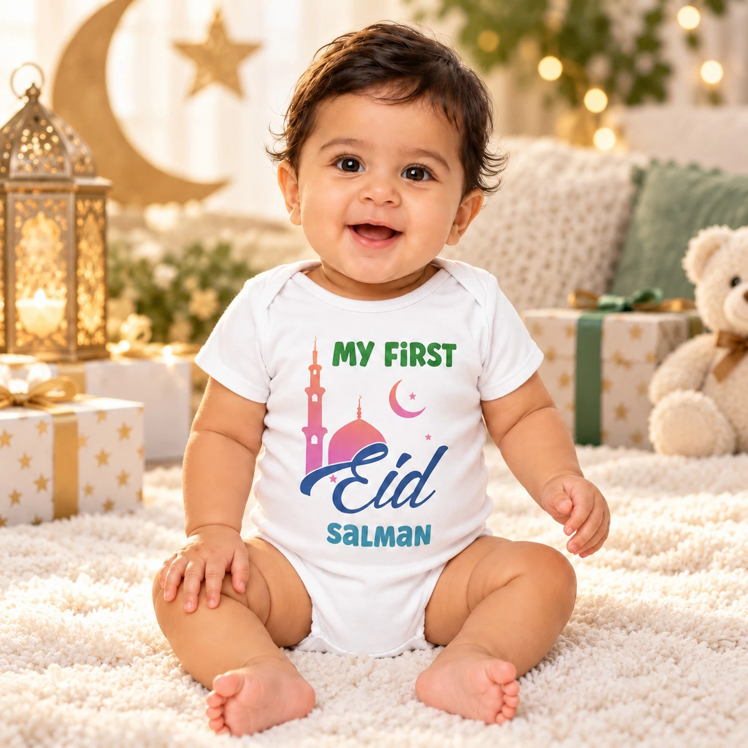 Baby wearing a personalized First Eid romper with the name Salman in a warm celebration setting with crescent decor, lantern, gifts, and teddy bear.