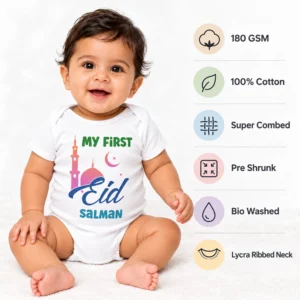 Baby wearing a personalized First Eid romper beside quality details including 180 GSM, 100% cotton, Super Combed, Pre Shrunk, Bio Washed, and Lycra Ribbed Neck.