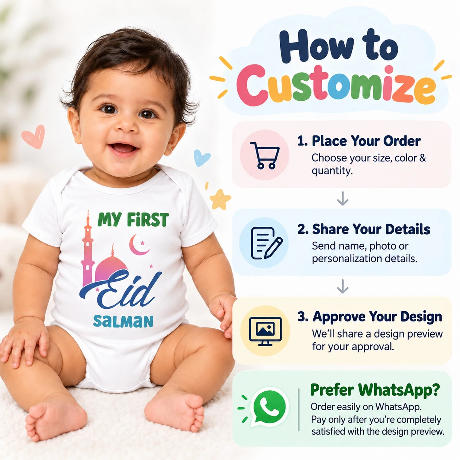 How to customize a personalized First Eid baby romper with steps to place an order, share personalization details, approve the design preview, and order by WhatsApp.