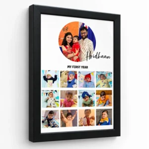 Angled view of a personalized first-year baby photo frame in black with a family portrait, baby name, and 12-photo milestone collage.