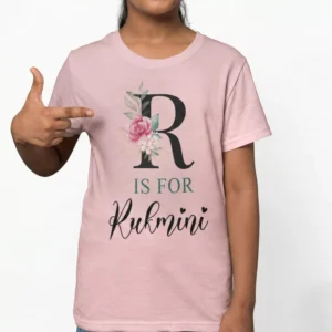 Personalized cotton T shirt with floral letter R and custom name print in pink design