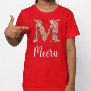 Red cotton personalized T shirt featuring floral letter M and custom name Meera printed on front