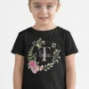 Black cotton personalized T shirt with floral wreath initial and custom name print