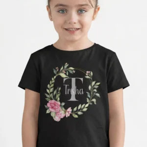 Black cotton personalized T shirt with floral wreath initial and custom name print